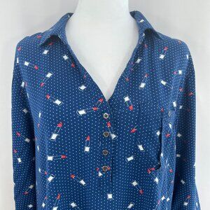 Retro Polka Dot Blue Tunic Blouse Lipstick Print - Large